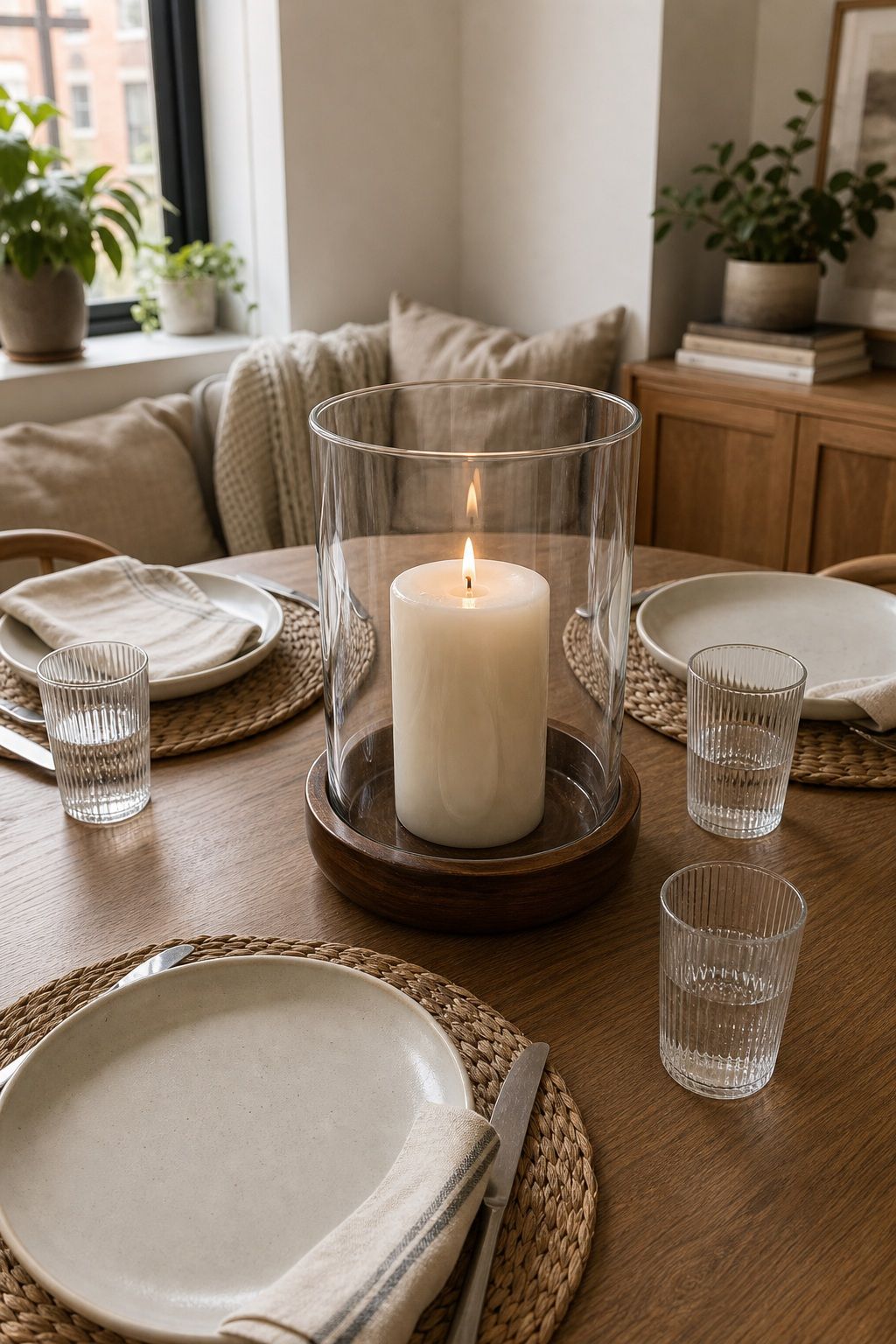 Hurricane Vase with Pillar small apartment idea for Top 17 Dining Table Summer Decor Ideas for Small-Space Hosting.