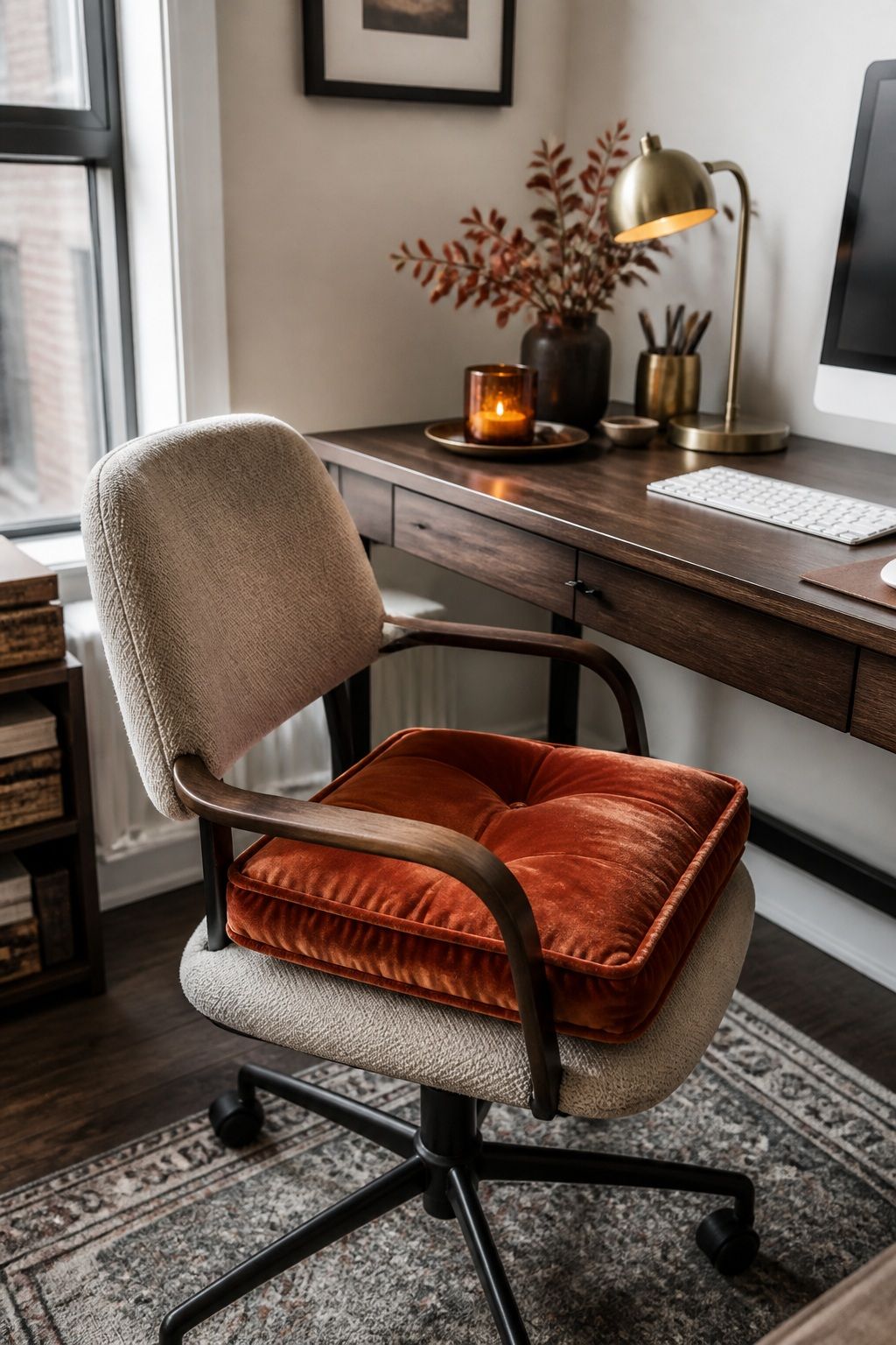 Add a Velvet Desk Chair Cushion in Rust or Olive small apartment idea for Top 15 Fall Home Office Decor Ideas for Small Apartments.