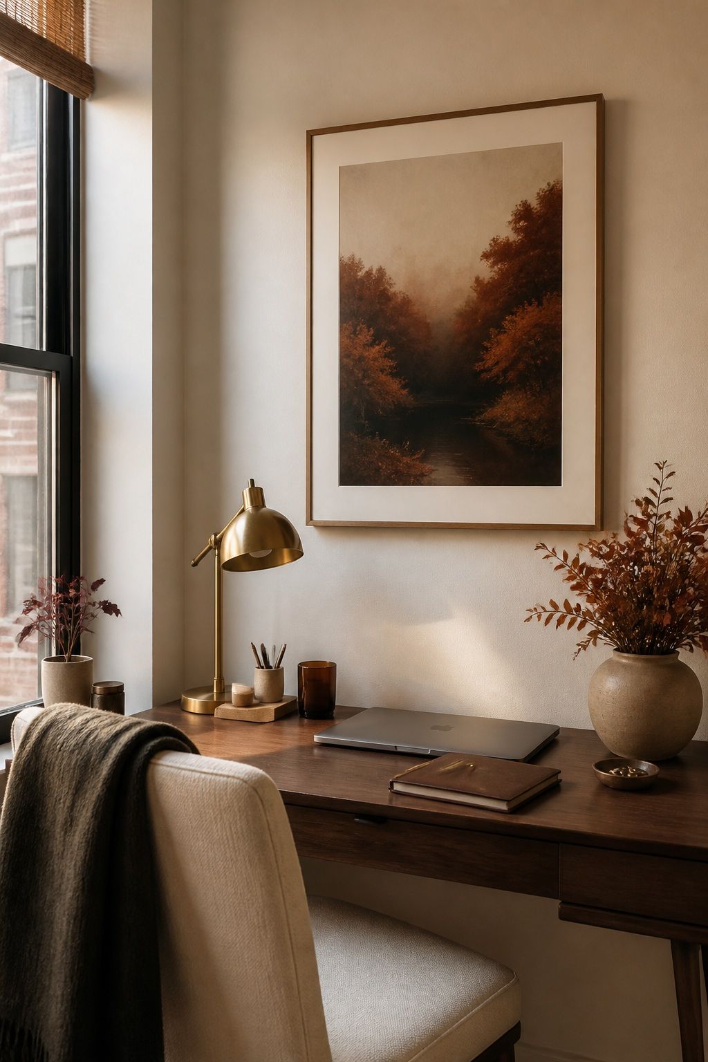 Replace Bright Art with a Moody Autumn Print small apartment idea for Top 15 Fall Home Office Decor Ideas for Small Apartments.