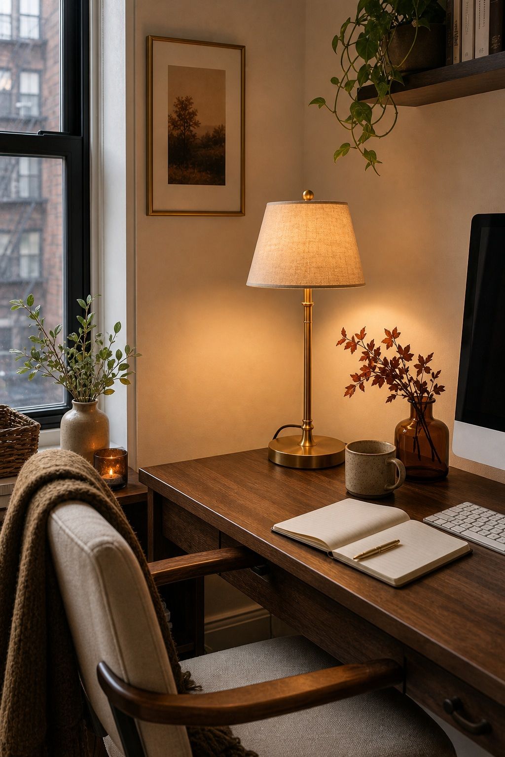 Use a Brass Desk Lamp with Linen Shade small apartment idea for Top 15 Fall Home Office Decor Ideas for Small Apartments.