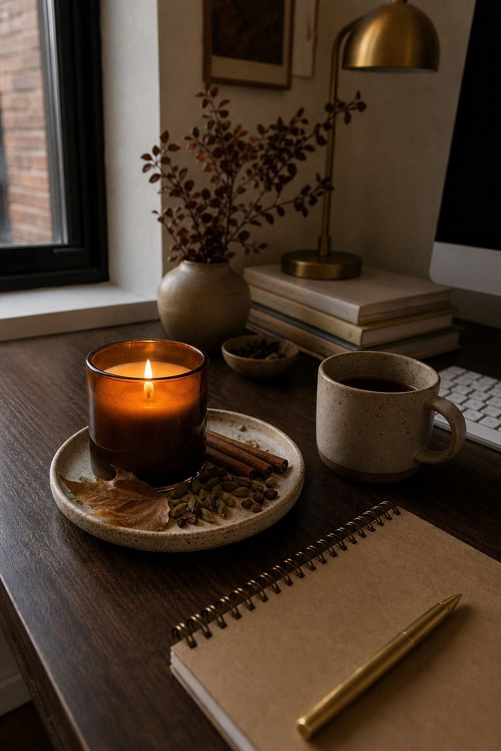 Add a Scented Candle in Cardamom or Smoke small apartment idea for Top 15 Fall Home Office Decor Ideas for Small Apartments.