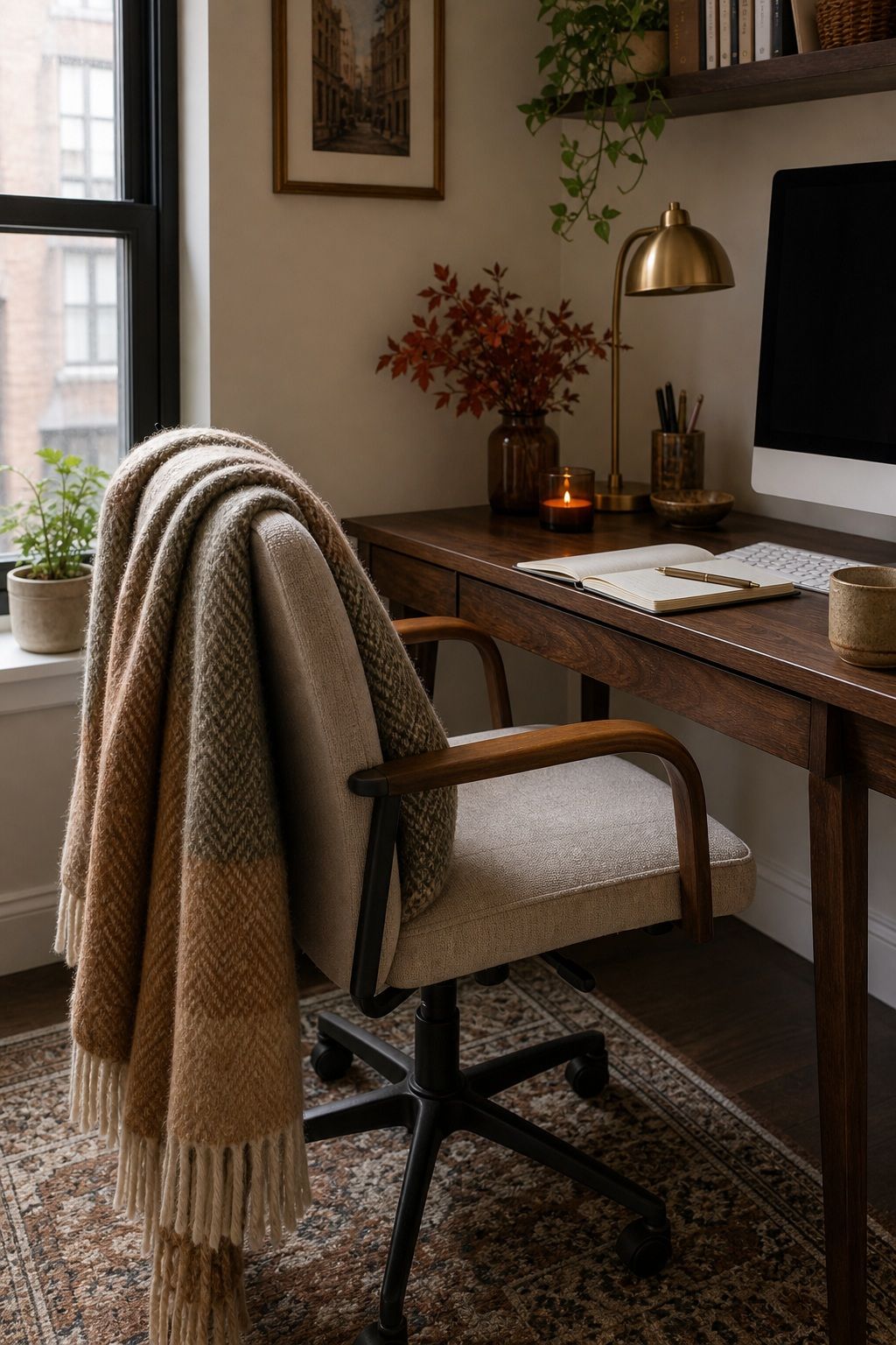 Layer a Wool Throw Over the Chair Back small apartment idea for Top 15 Fall Home Office Decor Ideas for Small Apartments.