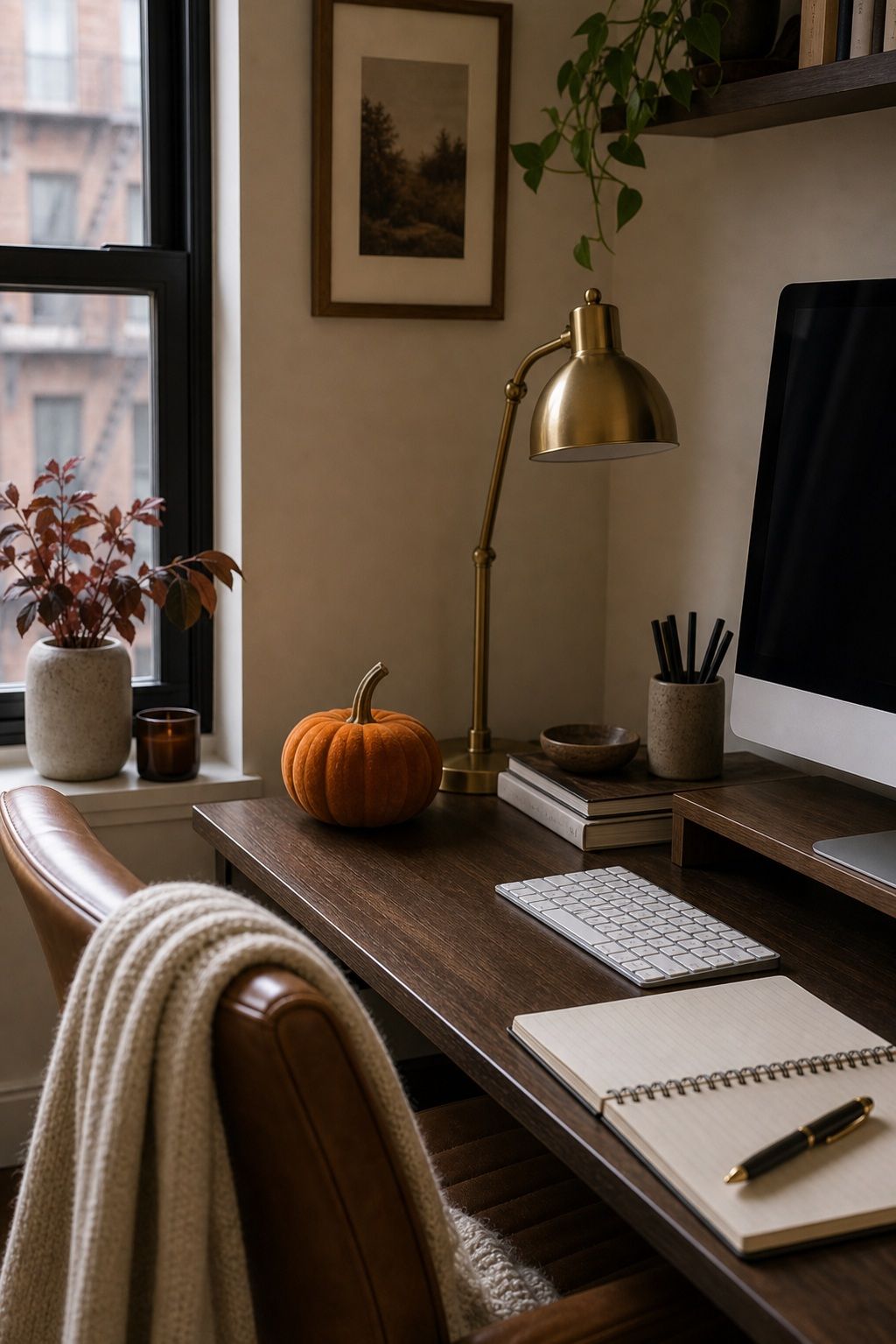 Add a Single Pumpkin (Real or Velvet, Not Plastic) small apartment idea for Top 15 Fall Home Office Decor Ideas for Small Apartments.