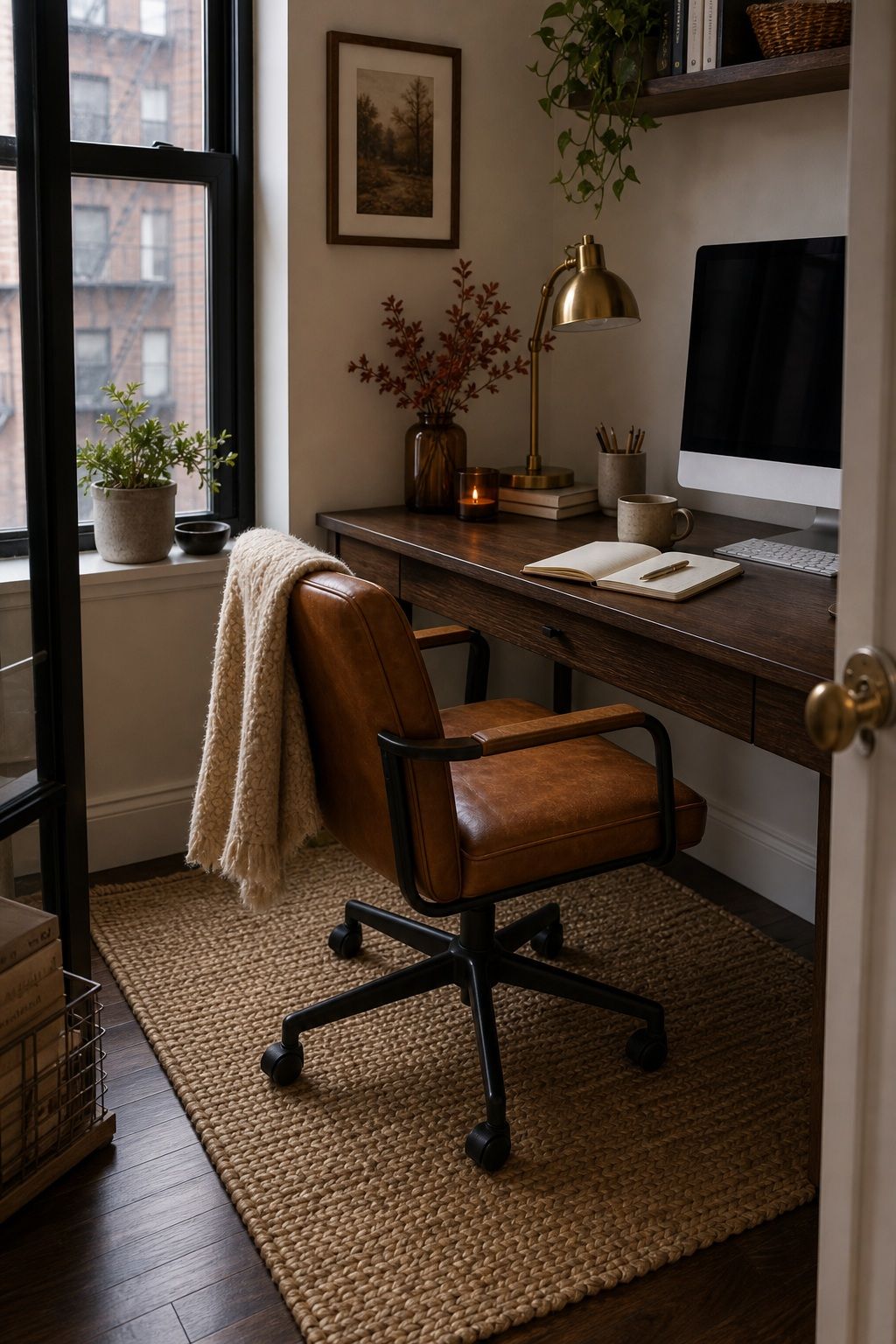 Layer a Small Jute Rug Under the Chair small apartment idea for Top 15 Fall Home Office Decor Ideas for Small Apartments.