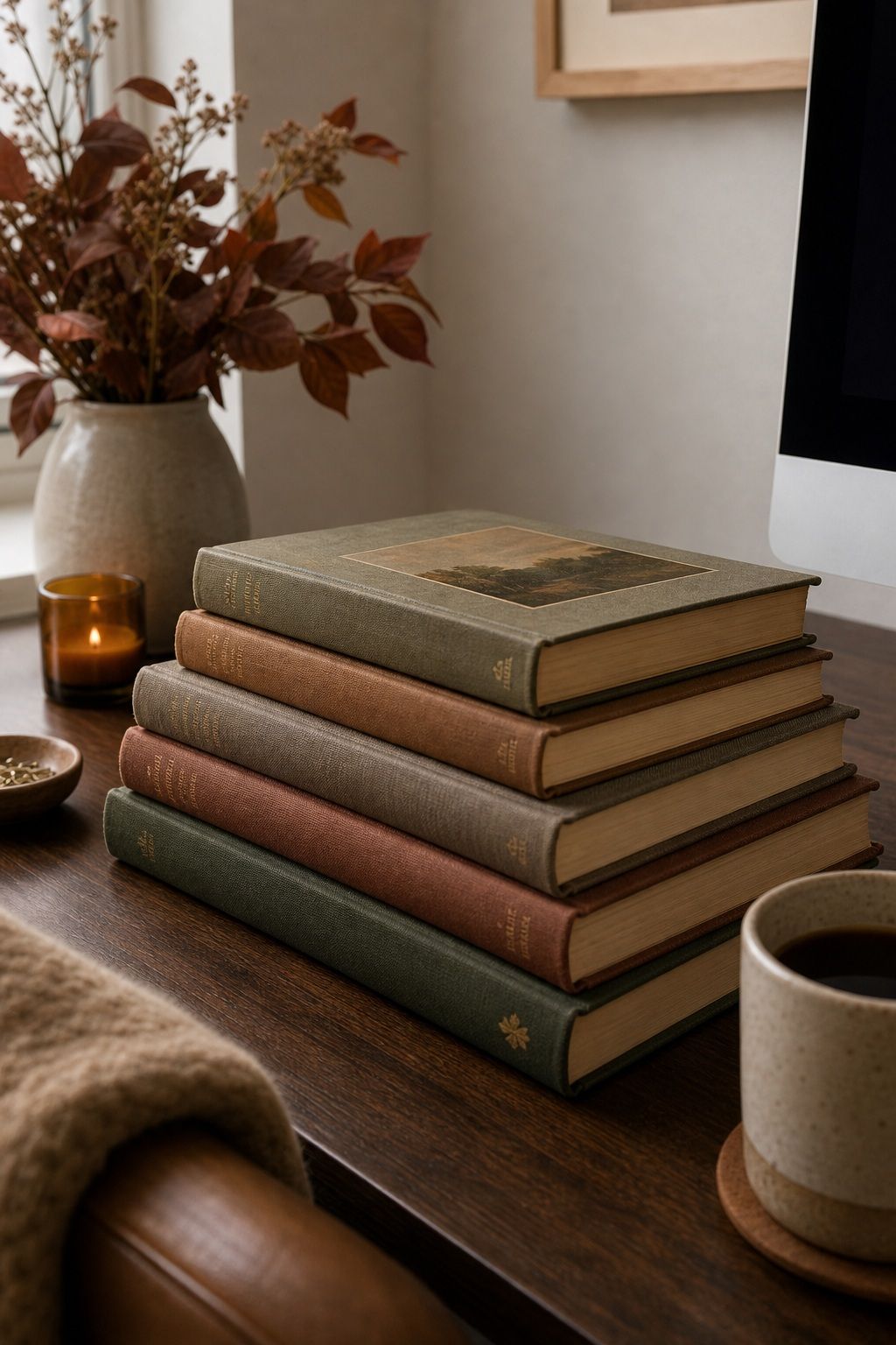 Add a Stack of Hardback Books with Cloth Bindings small apartment idea for Top 15 Fall Home Office Decor Ideas for Small Apartments.