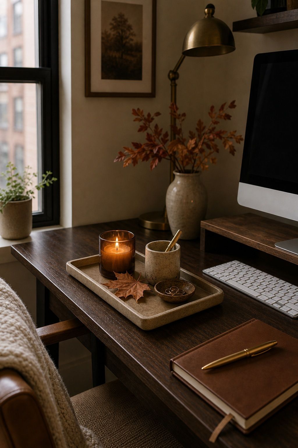 Style a Small Fall Tray for the Desk Corner small apartment idea for Top 15 Fall Home Office Decor Ideas for Small Apartments.