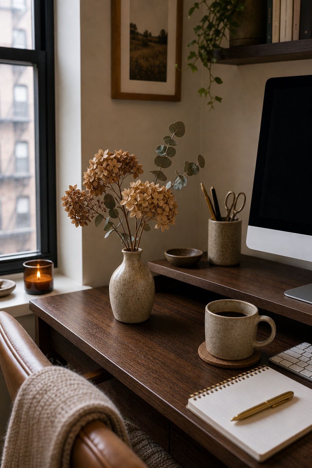 Add Dried Hydrangea or Eucalyptus in a Bud Vase small apartment idea for Top 15 Fall Home Office Decor Ideas for Small Apartments.