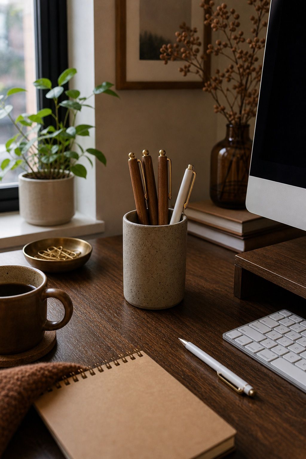 Swap White Pens for Wood-Handled Brass Ones small apartment idea for Top 15 Fall Home Office Decor Ideas for Small Apartments.