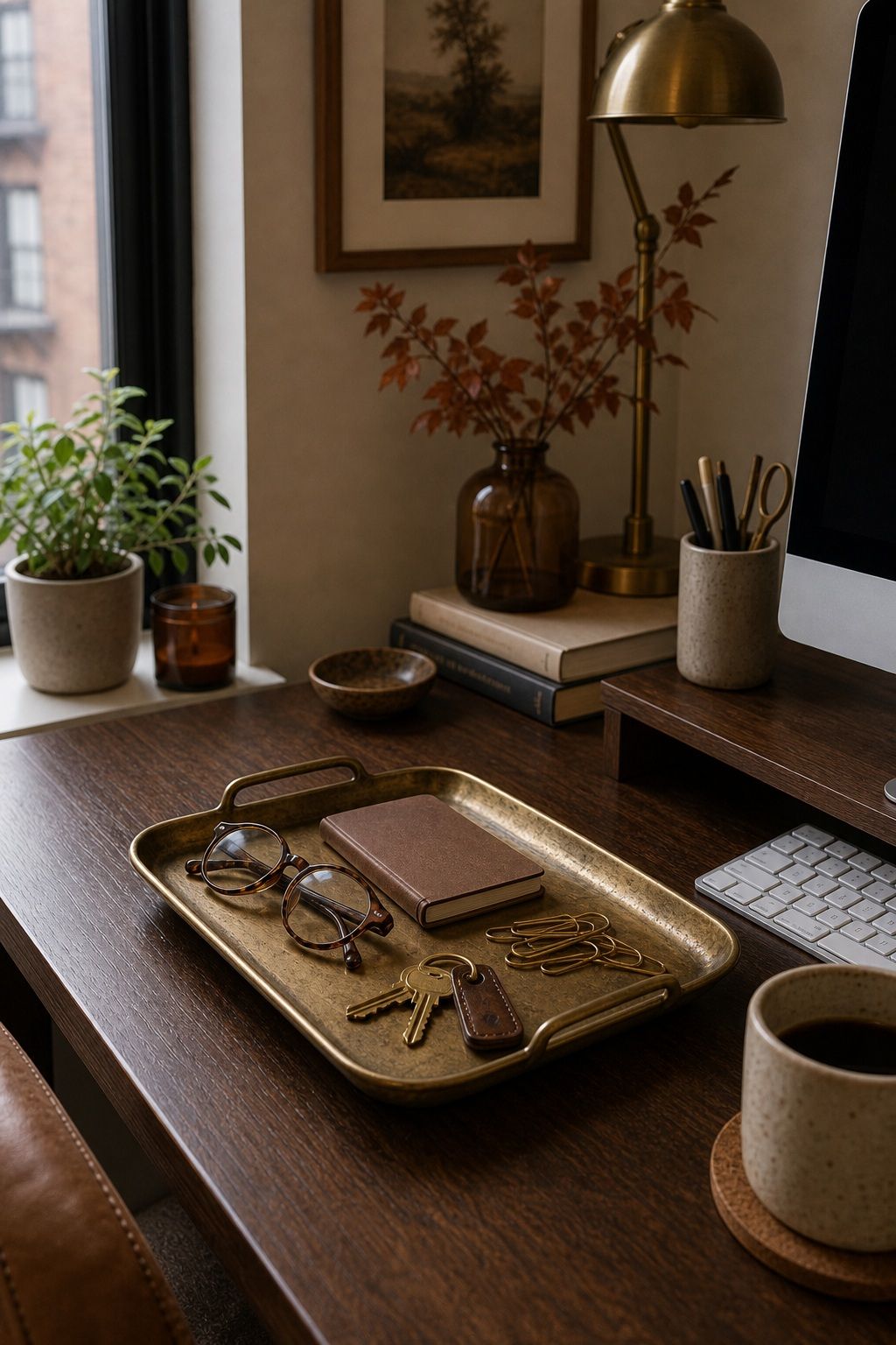 Add a Vintage Brass Tray for Desk Catch-All small apartment idea for Top 15 Fall Home Office Decor Ideas for Small Apartments.