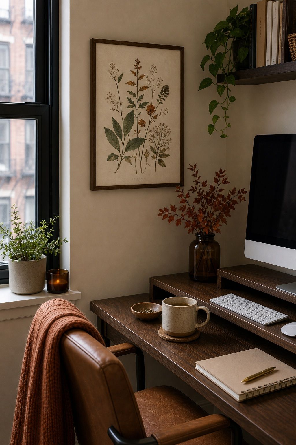 Replace Wall Art with a Botanical Print small apartment idea for Top 15 Fall Home Office Decor Ideas for Small Apartments.