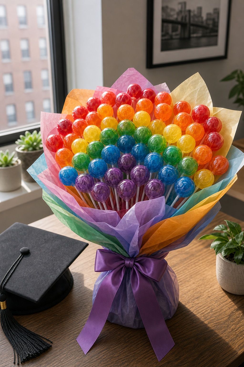 Lollipop Rainbow Bouquet small apartment idea for Top 16 Beautiful Graduation Bouquet Ideas to Celebrate the Big Day.
