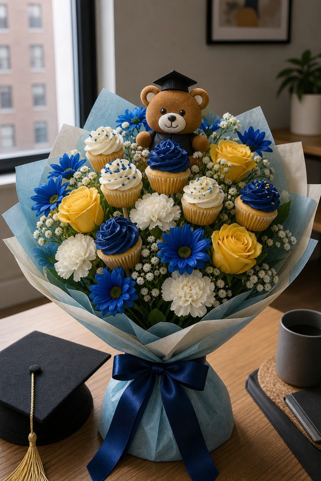 Mascot Cupcake-and-Flower Bouquet small apartment idea for Top 16 Beautiful Graduation Bouquet Ideas to Celebrate the Big Day.