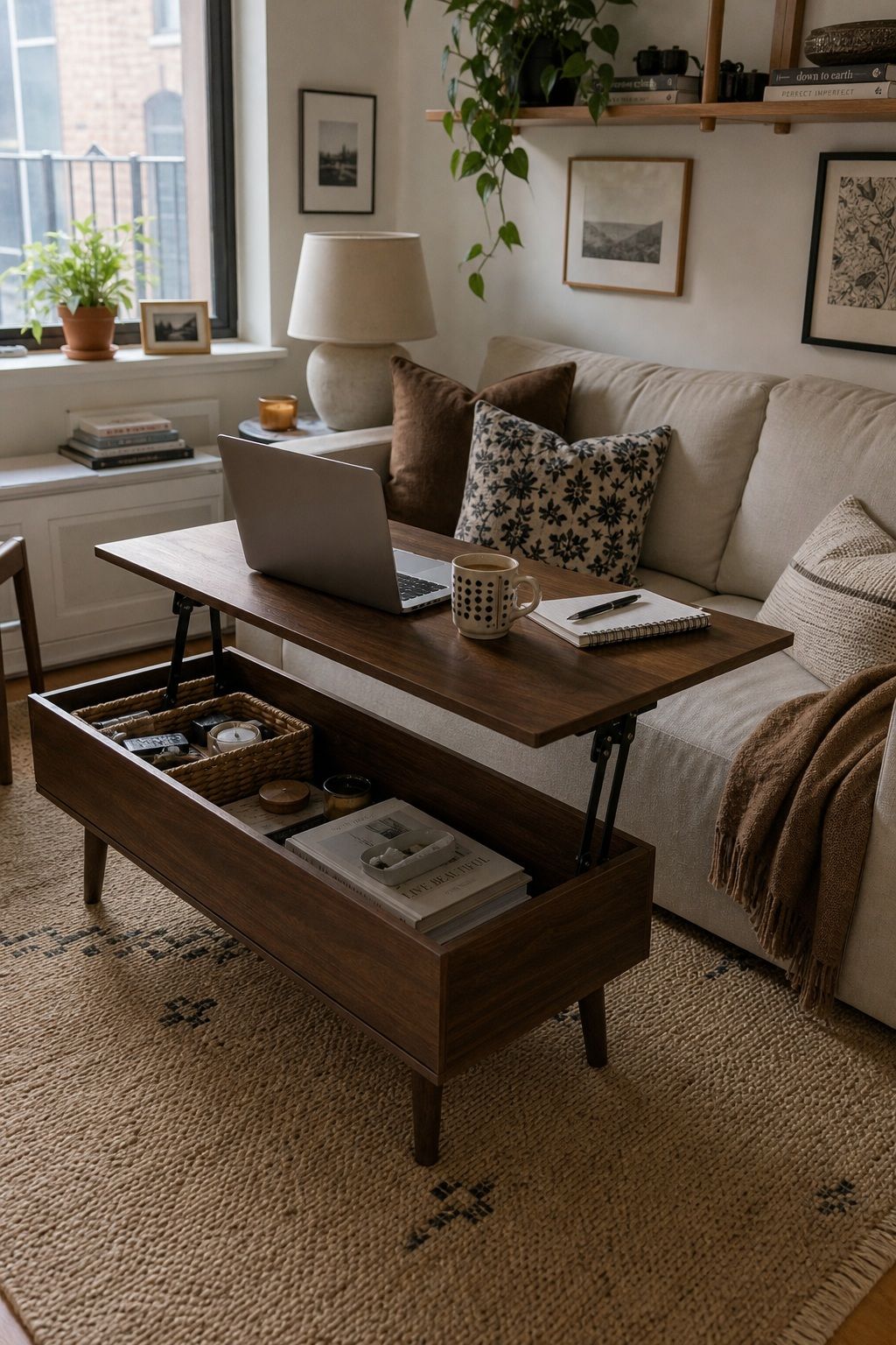 Lift-Top Coffee Table: Desk, Dining Table, and Storage in One small apartment idea for Top 16 Small Apartment Coffee Table Ideas for Every Style.
