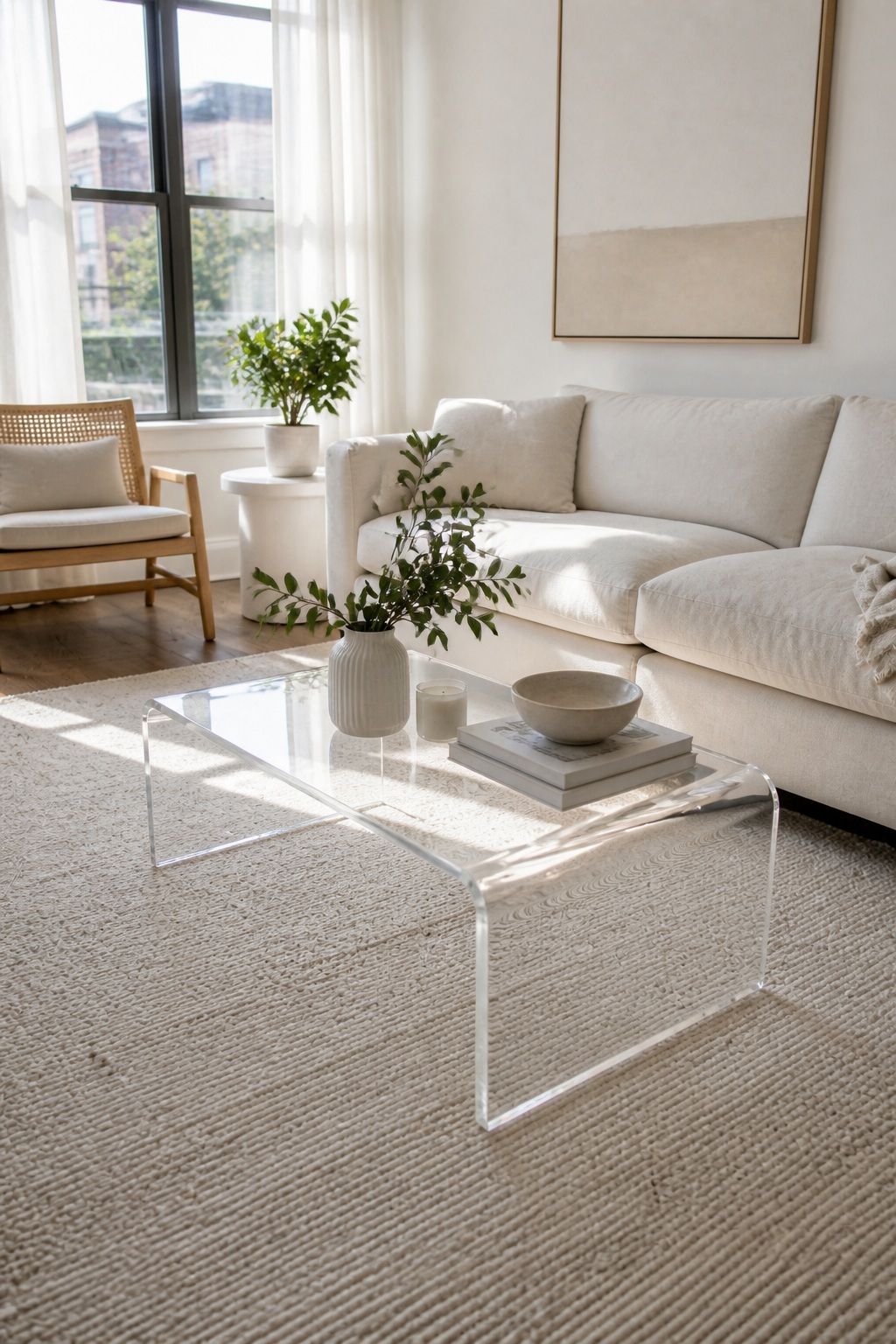 All-White or Lucite Acrylic Table for Maximum Visual Lightness small apartment idea for Top 16 Small Apartment Coffee Table Ideas for Every Style.