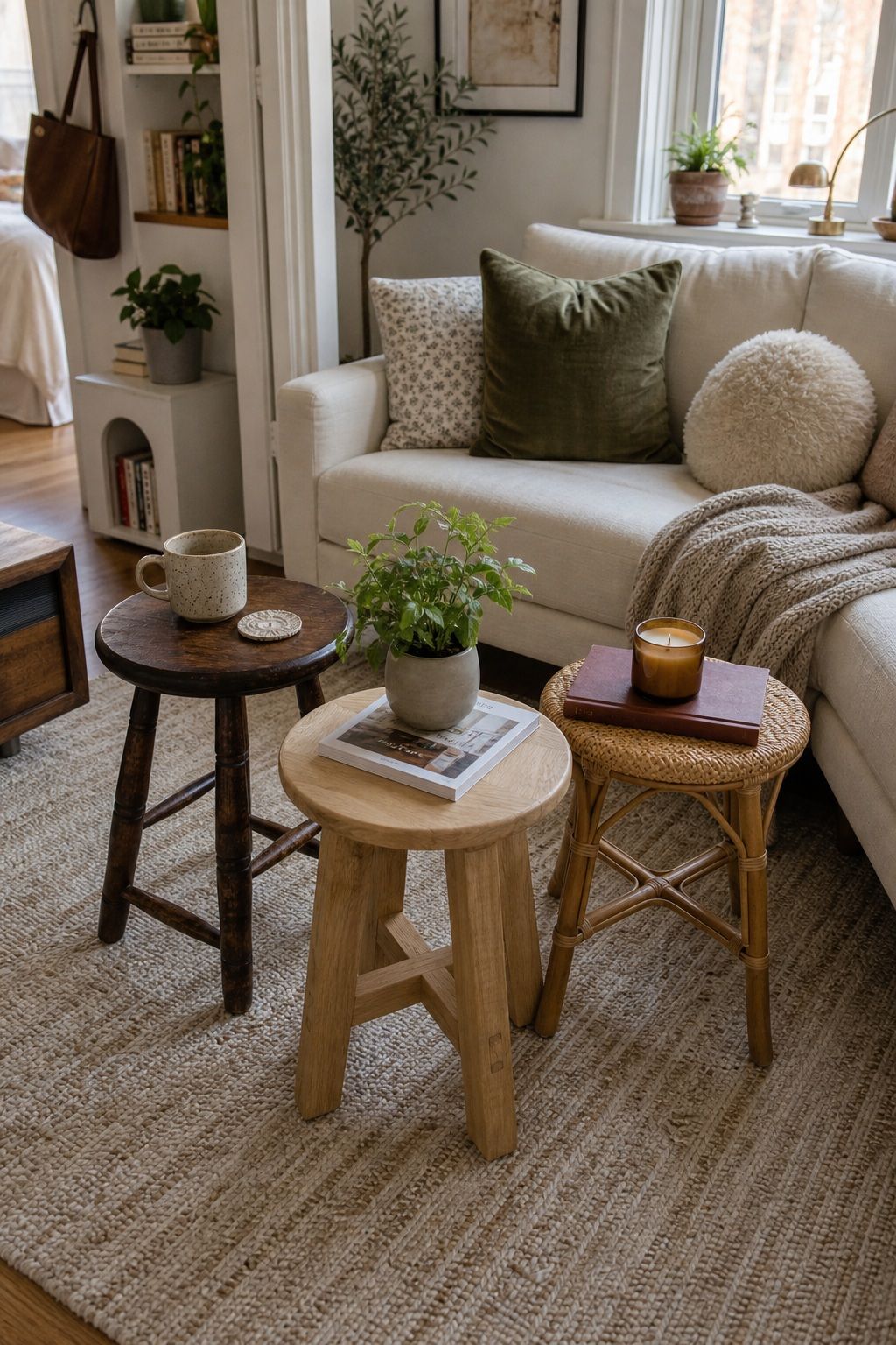 A Grouping of Three Small Stools as a Flexible Alternative small apartment idea for Top 16 Small Apartment Coffee Table Ideas for Every Style.