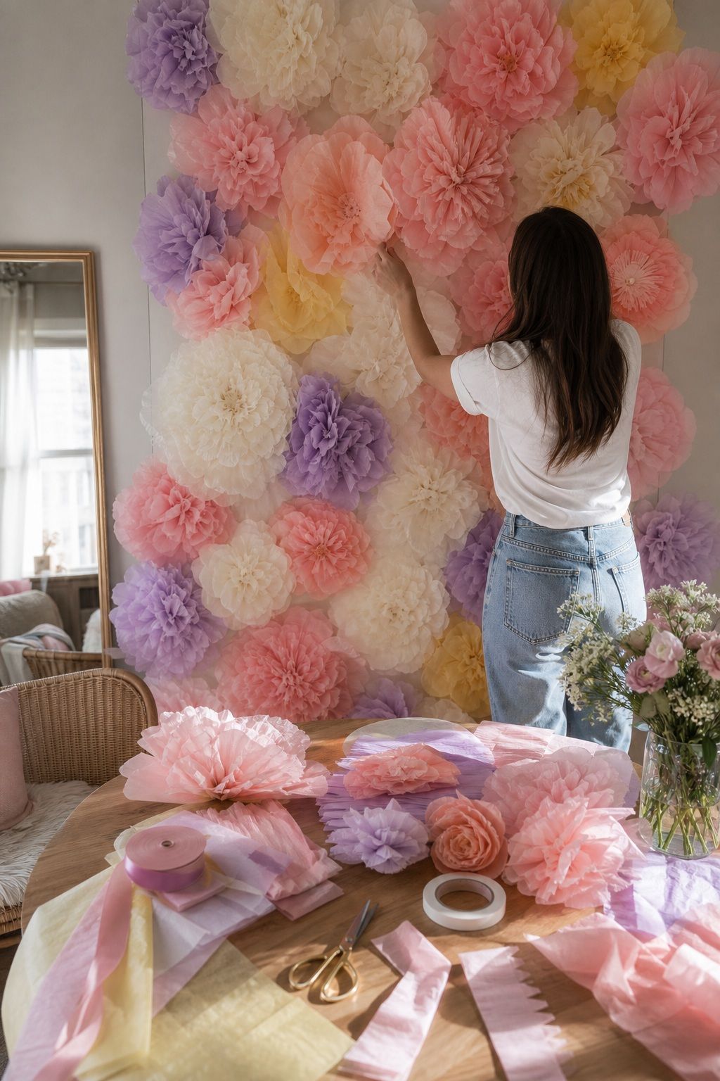 Create a Tissue Paper Floral Backdrop small apartment idea for Top 20 Spring Wedding Ideas for a Fresh, Floral, and Budget-Friendly Celebration.