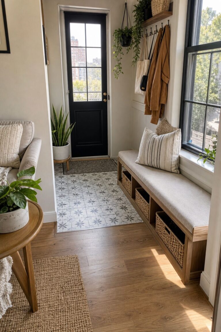 Define the Mudroom Zone With a Different Floor Tile small apartment idea for Top 15 Sunroom Mudroom Combo Ideas That Maximize Light and Storage.