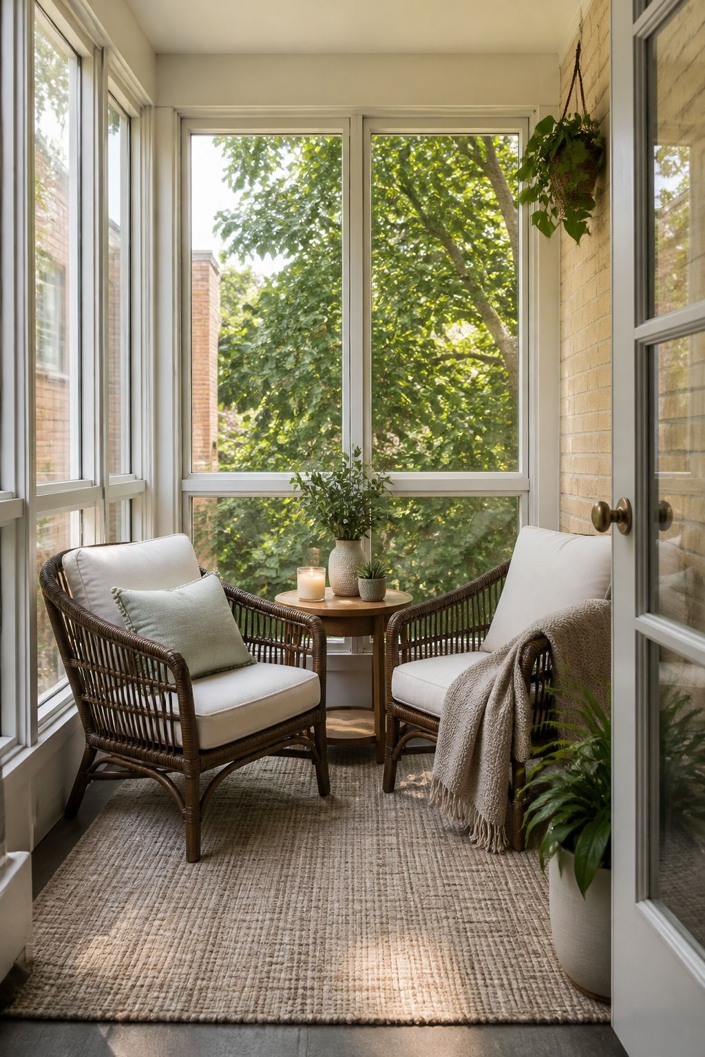 Build a Real Conversation Layout small apartment idea for Top 18 Calm Sunroom Porch Ideas for Slow Mornings in Apartments and Small Outdoor Spaces.