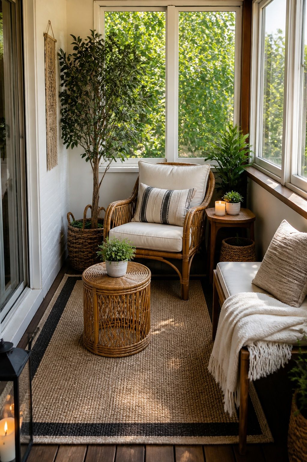 Give the Seating a Defined Footprint small apartment idea for Top 18 Calm Sunroom Porch Ideas for Slow Mornings in Apartments and Small Outdoor Spaces.