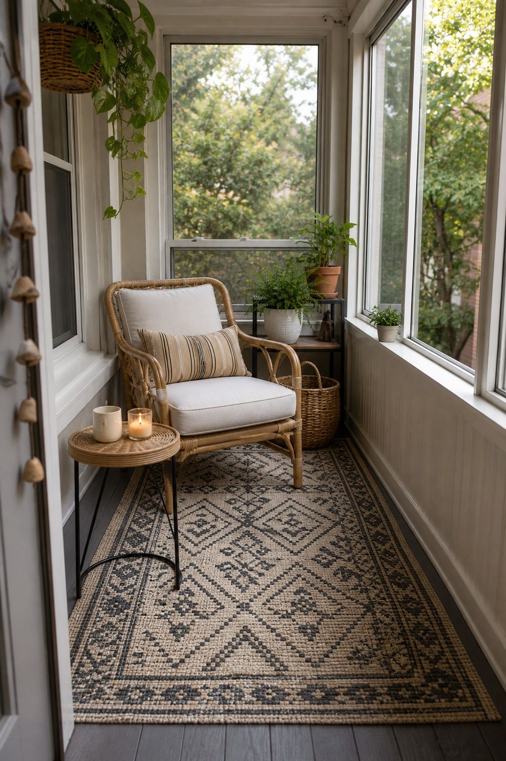 Put Down an Indoor-Outdoor Rug small apartment idea for Top 18 Calm Sunroom Porch Ideas for Slow Mornings in Apartments and Small Outdoor Spaces.