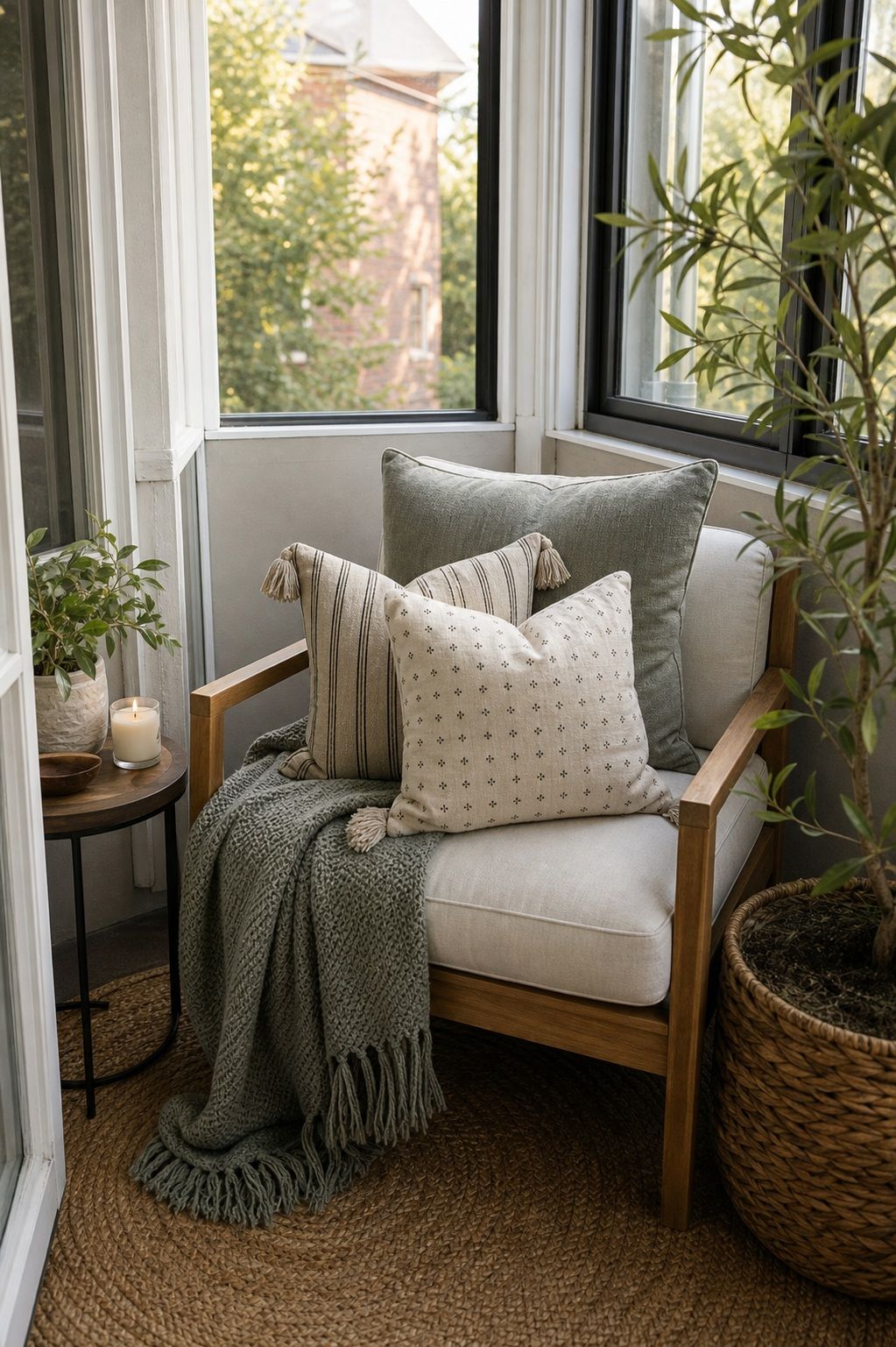 Layer Throw Pillows for Real Comfort small apartment idea for Top 18 Calm Sunroom Porch Ideas for Slow Mornings in Apartments and Small Outdoor Spaces.