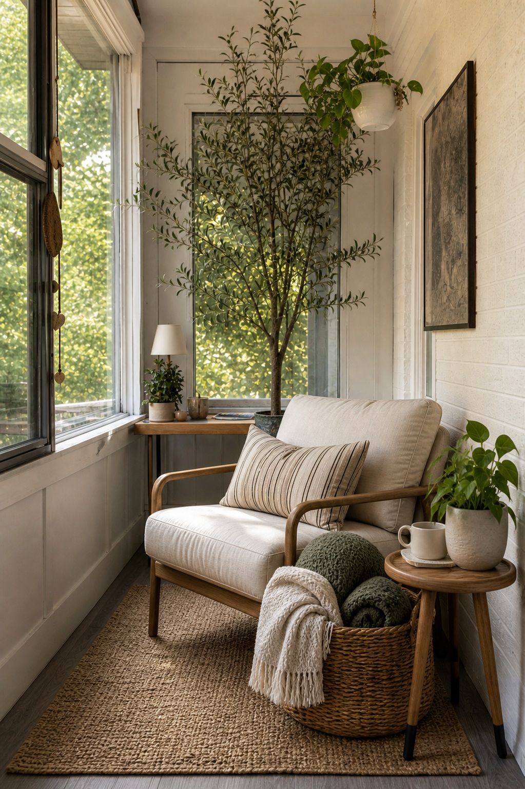 Keep a Basket of Throws Within Reach small apartment idea for Top 18 Calm Sunroom Porch Ideas for Slow Mornings in Apartments and Small Outdoor Spaces.