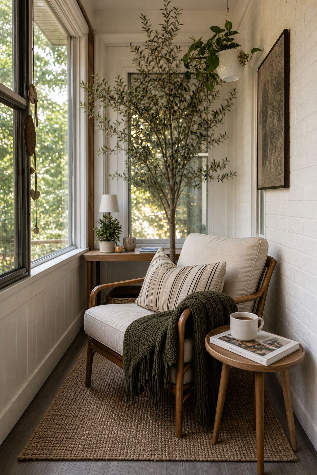 Add a Surface Within Arm's Reach small apartment idea for Top 18 Calm Sunroom Porch Ideas for Slow Mornings in Apartments and Small Outdoor Spaces.