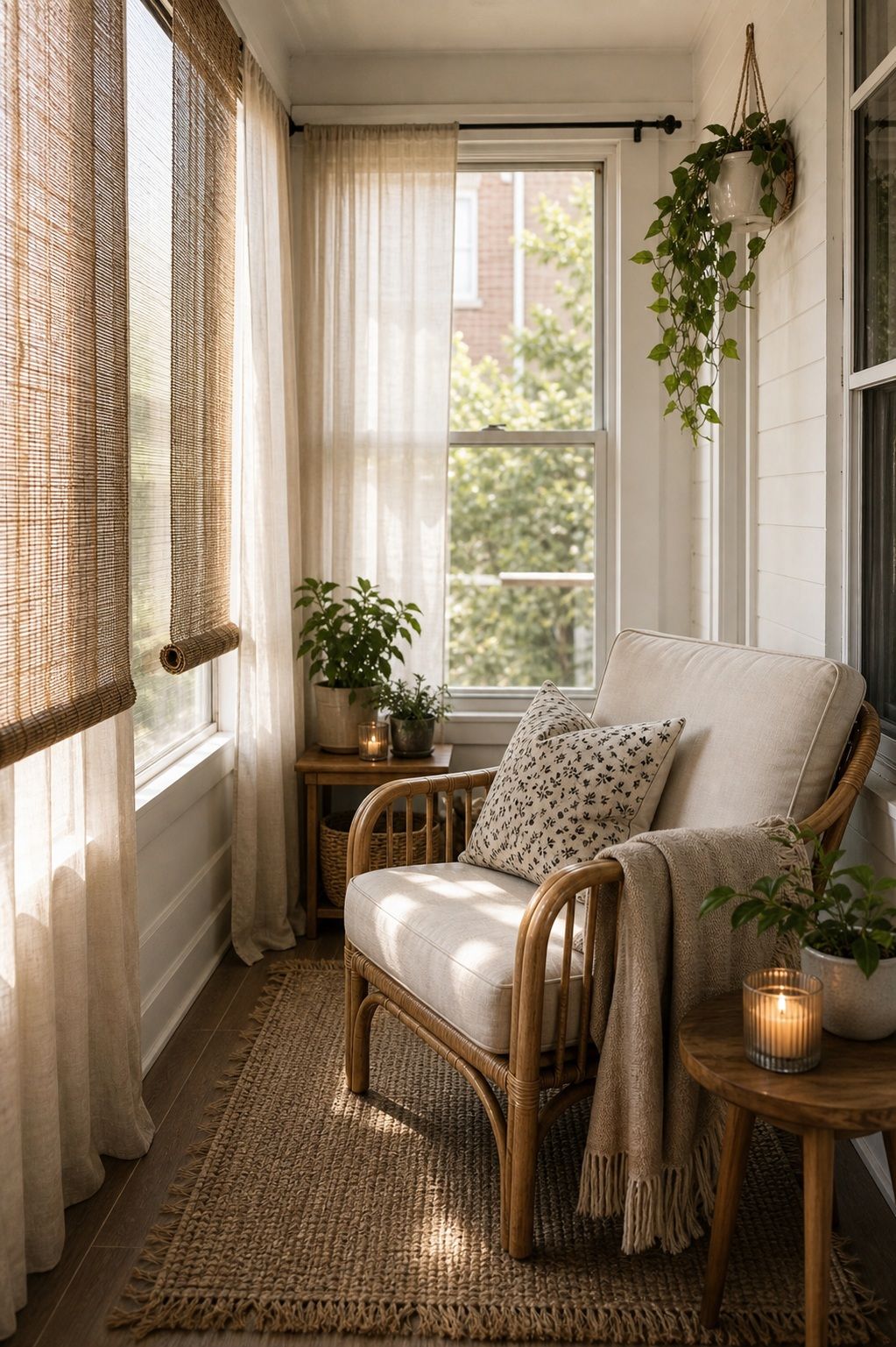 Soften the Edges With Curtains or Shades small apartment idea for Top 18 Calm Sunroom Porch Ideas for Slow Mornings in Apartments and Small Outdoor Spaces.