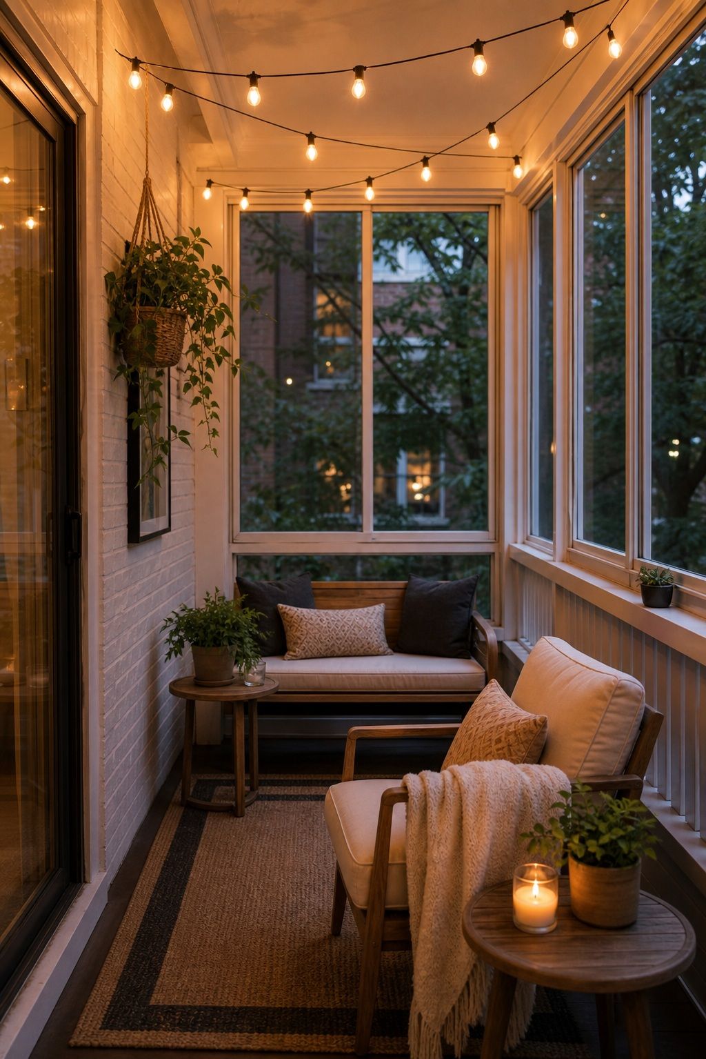 Hang Warm String Lights Overhead small apartment idea for Top 18 Calm Sunroom Porch Ideas for Slow Mornings in Apartments and Small Outdoor Spaces.