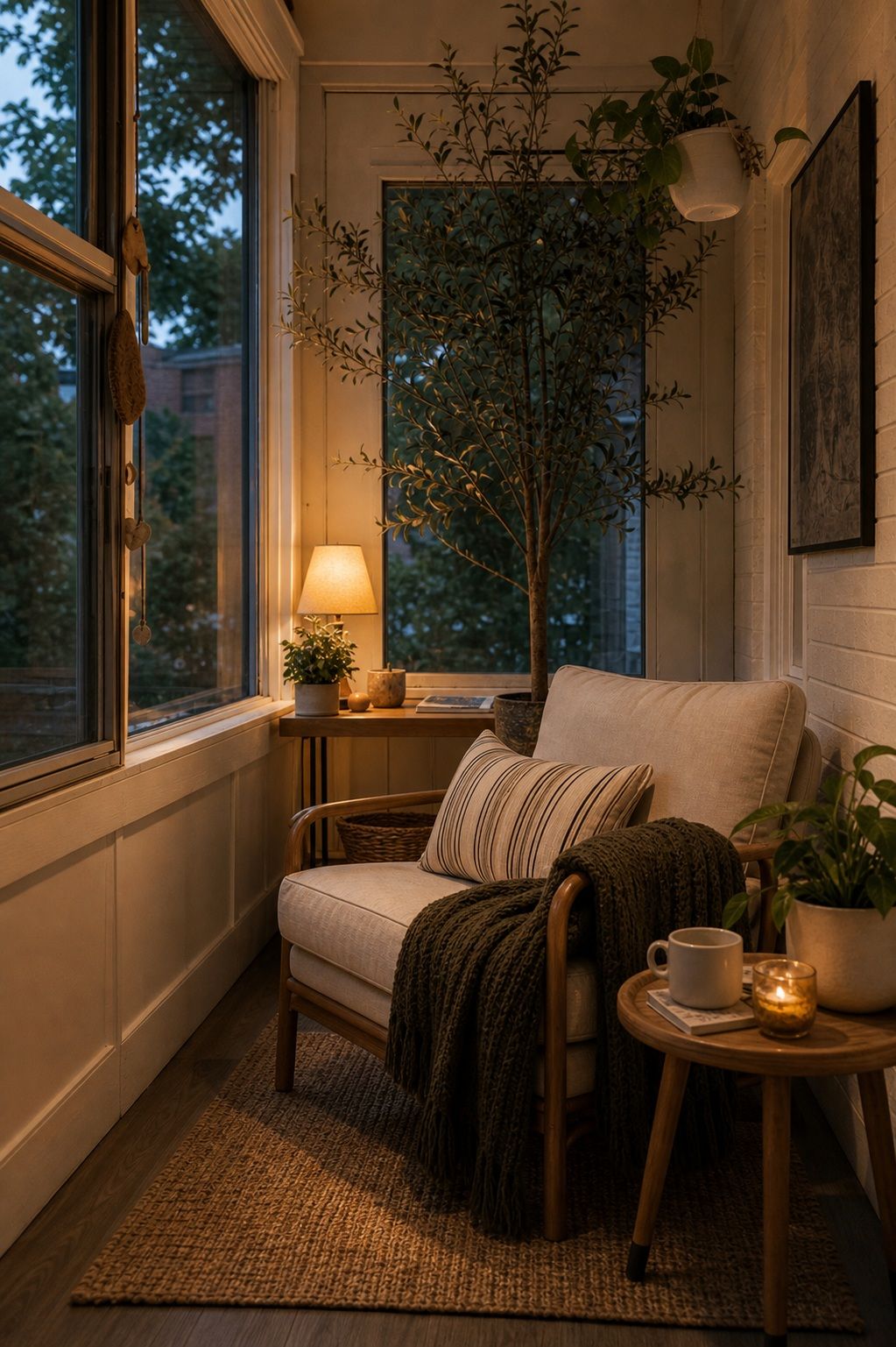 Add a Lamp for a Pool of Light small apartment idea for Top 18 Calm Sunroom Porch Ideas for Slow Mornings in Apartments and Small Outdoor Spaces.