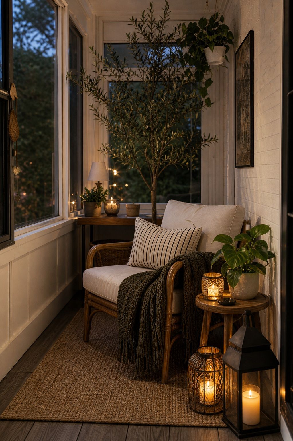 Cluster Lanterns for Flexible Glow small apartment idea for Top 18 Calm Sunroom Porch Ideas for Slow Mornings in Apartments and Small Outdoor Spaces.