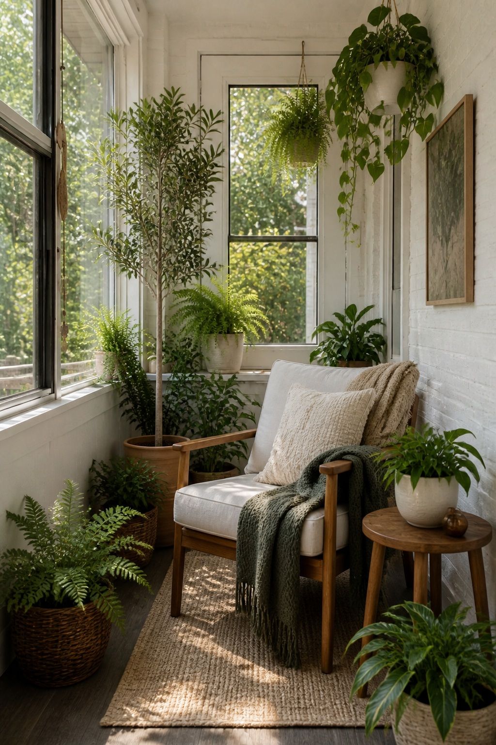 Bring in Plants as Living Texture small apartment idea for Top 18 Calm Sunroom Porch Ideas for Slow Mornings in Apartments and Small Outdoor Spaces.