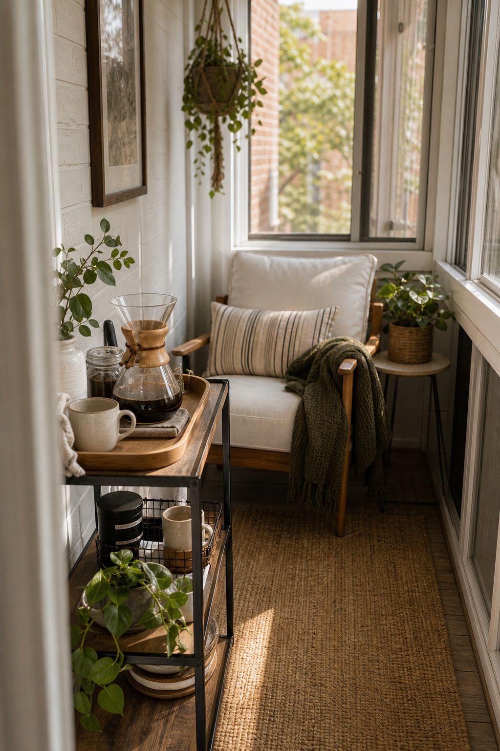 Set Up a Simple Coffee Station small apartment idea for Top 18 Calm Sunroom Porch Ideas for Slow Mornings in Apartments and Small Outdoor Spaces.