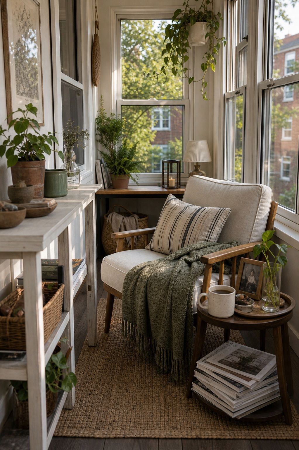 Add Personal, Lived-In Details small apartment idea for Top 18 Calm Sunroom Porch Ideas for Slow Mornings in Apartments and Small Outdoor Spaces.