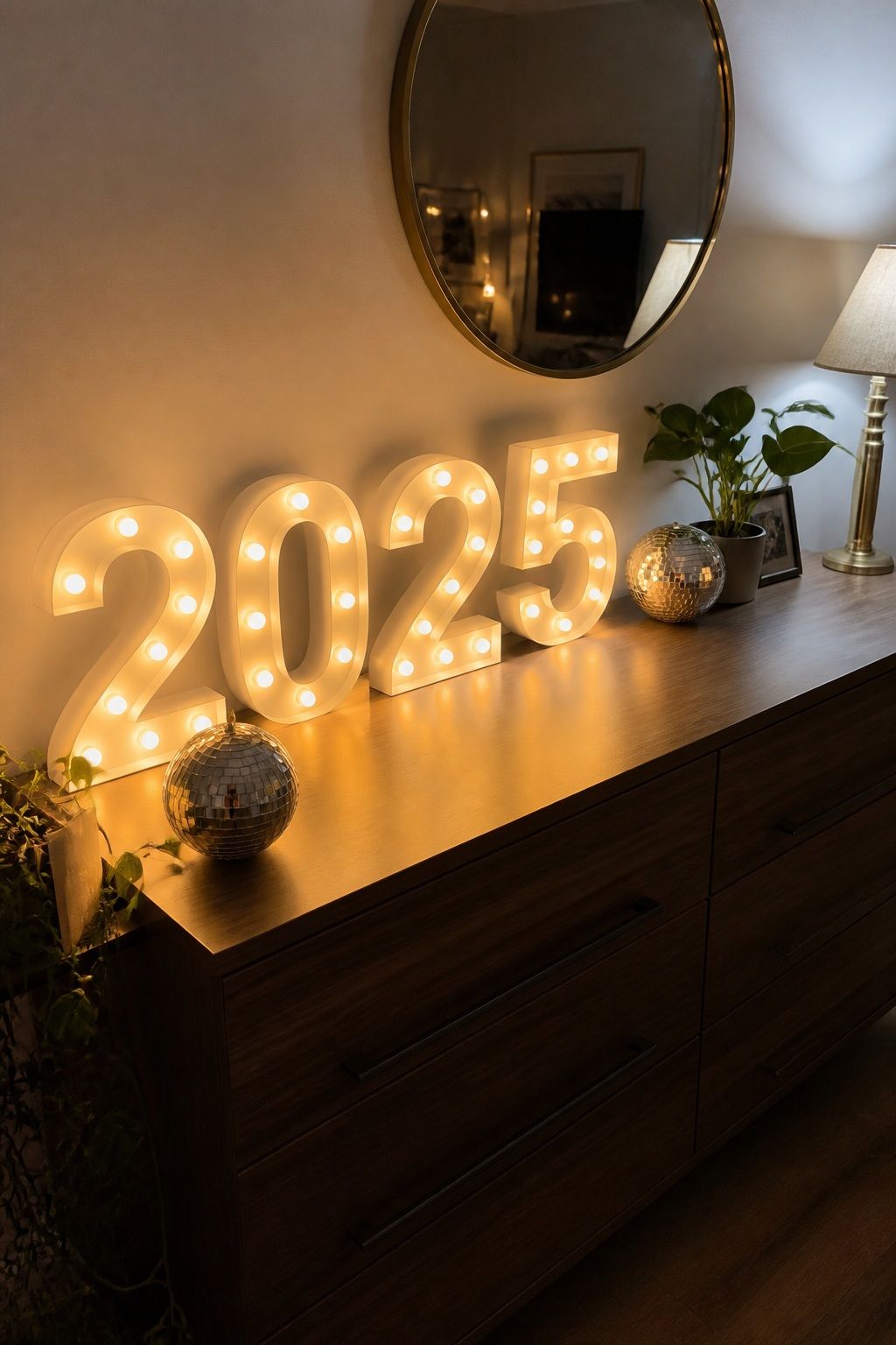 Hang an Illuminated Sign or Number Marquee small apartment idea for Top 19 Creative New Years Party Ideas for an Unforgettable Night.