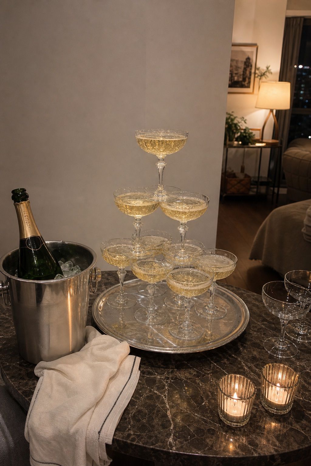 Set Up a Champagne Tower or Pour Station small apartment idea for Top 19 Creative New Years Party Ideas for an Unforgettable Night.