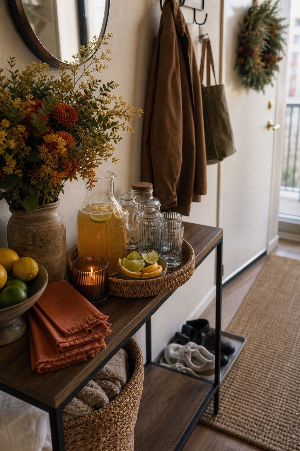 Welcome Drink Station Near the Door small apartment idea for Top 18 Friendsgiving Dinner Party Ideas to Make Your Celebration Unforgettable.