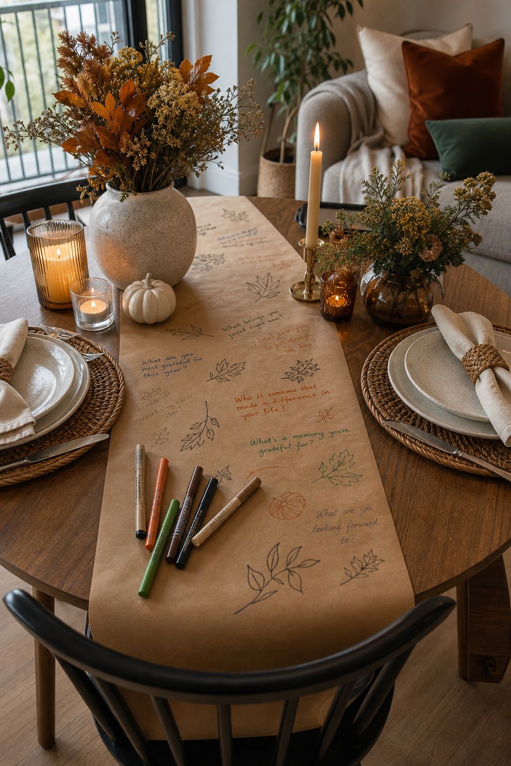 Kraft Paper Runner With Gratitude Prompts and Markers small apartment idea for Top 18 Friendsgiving Dinner Party Ideas to Make Your Celebration Unforgettable.