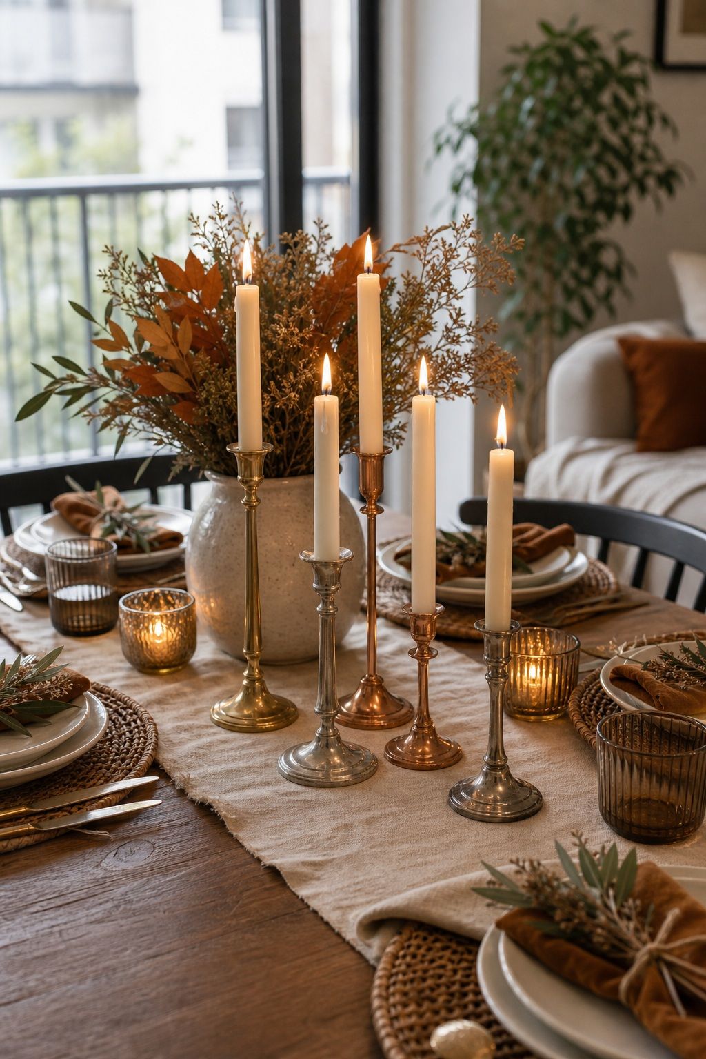 Mix Brass Silver and Copper Candle Holders small apartment idea for Top 18 Friendsgiving Dinner Party Ideas to Make Your Celebration Unforgettable.