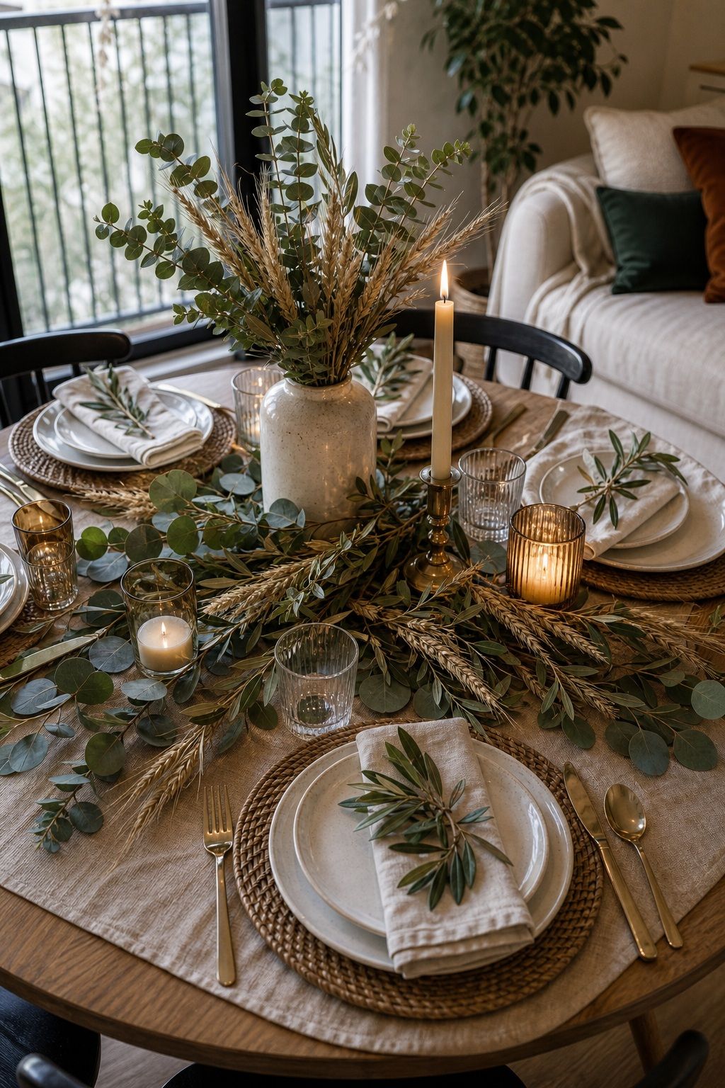 Bring Eucalyptus Olive Branches and Dried Wheat Indoors small apartment idea for Top 18 Friendsgiving Dinner Party Ideas to Make Your Celebration Unforgettable.