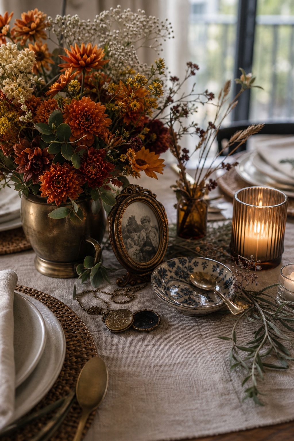 Vintage Heirloom Objects Tucked Among the Florals small apartment idea for Top 18 Friendsgiving Dinner Party Ideas to Make Your Celebration Unforgettable.