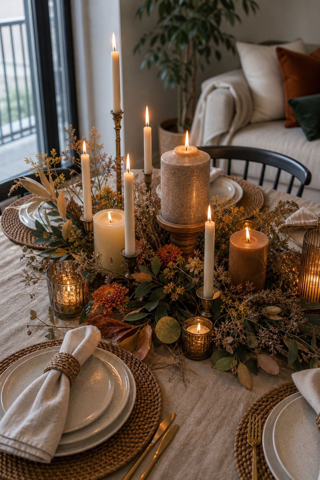 Candle Cluster Centerpiece in Varying Heights small apartment idea for Top 18 Friendsgiving Dinner Party Ideas to Make Your Celebration Unforgettable.