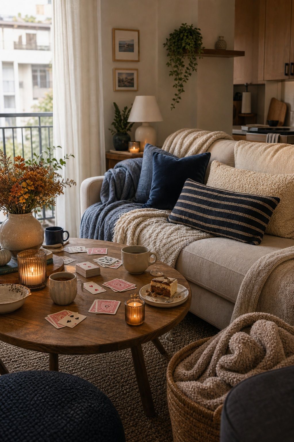 Cozy Living Room After Dinner Setup With Blankets and Card Games small apartment idea for Top 18 Friendsgiving Dinner Party Ideas to Make Your Celebration Unforgettable.
