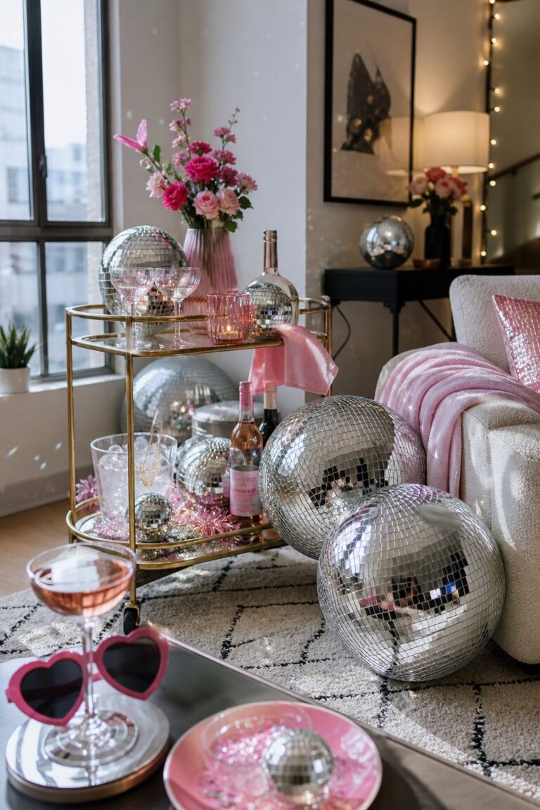 Disco Galentine's With Silver Mirrorballs small apartment idea for Top 17 Galentines Day Party Ideas That Celebrate Sisterhood and Soft Glam.
