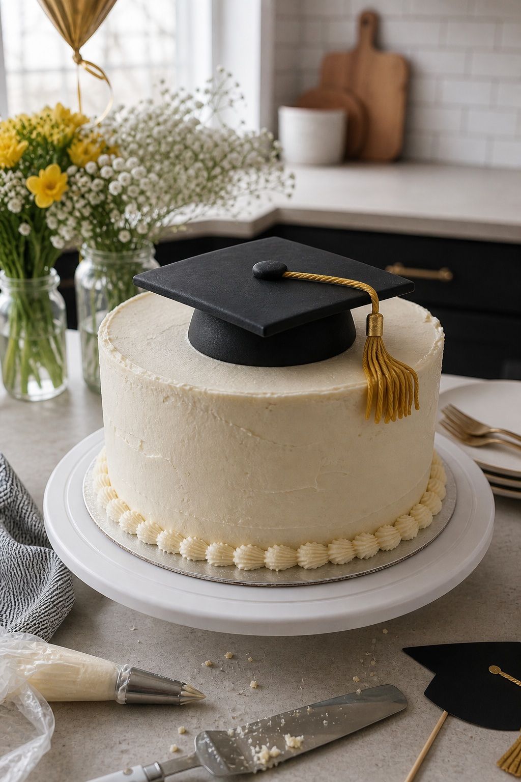 Graduation Cap Fondant Topper on a Simple Vanilla Cake small apartment idea for Top 15 Easy Graduation Cake Ideas for a Memorable Sweet Treat.