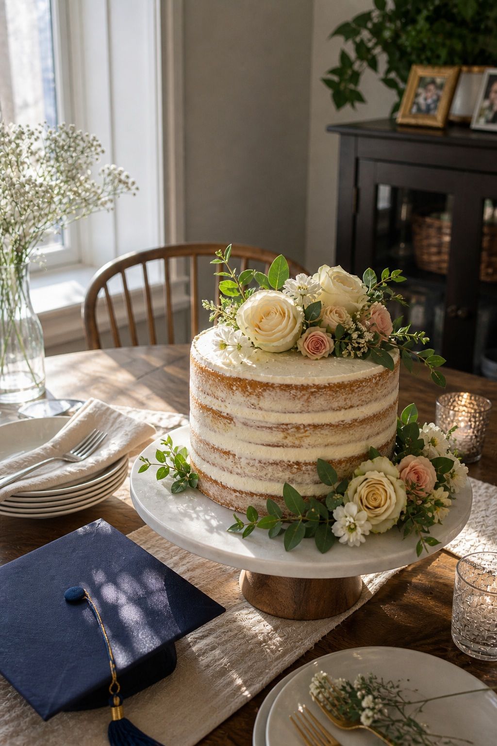 Naked Cake With Fresh Flowers and Greenery small apartment idea for Top 15 Easy Graduation Cake Ideas for a Memorable Sweet Treat.
