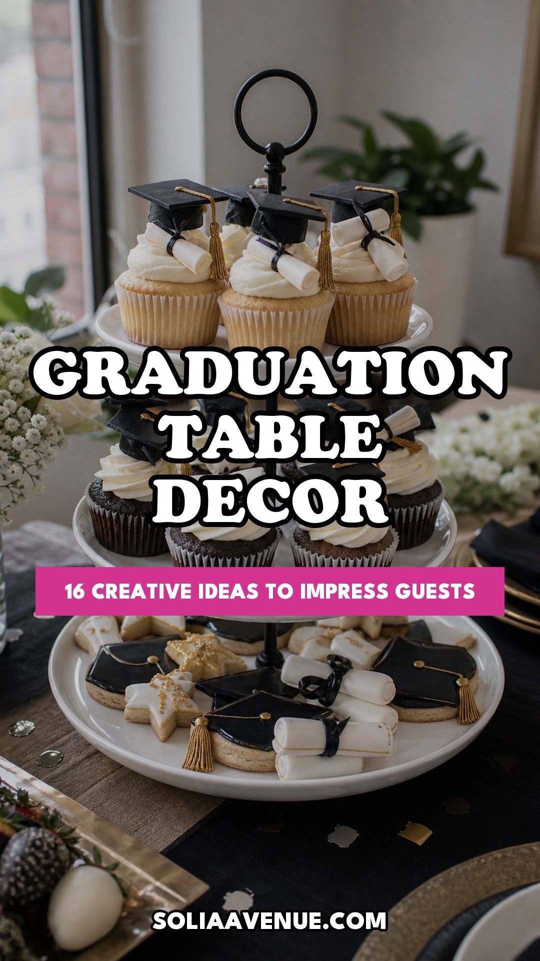 Pinterest pin for Top 16 Creative Graduation Table Decorations to Impress Guests from Solia Avenue.