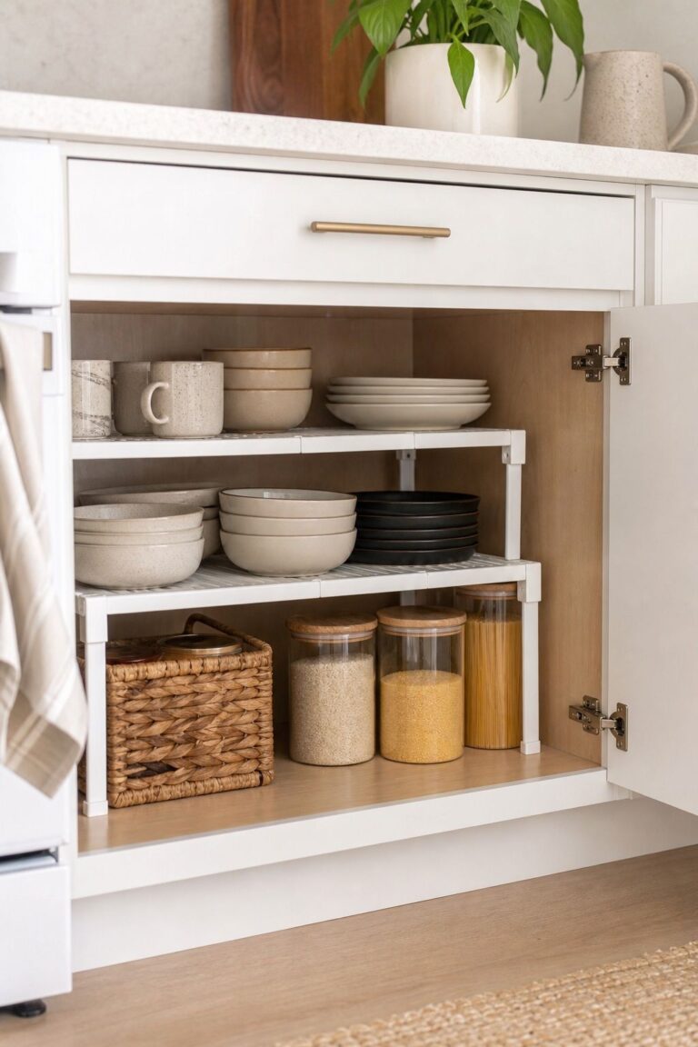 Double Cabinet Capacity With Expandable Shelves small apartment idea for Top 17 Small Apartment Kitchen Ideas That Free Up Counter Space.