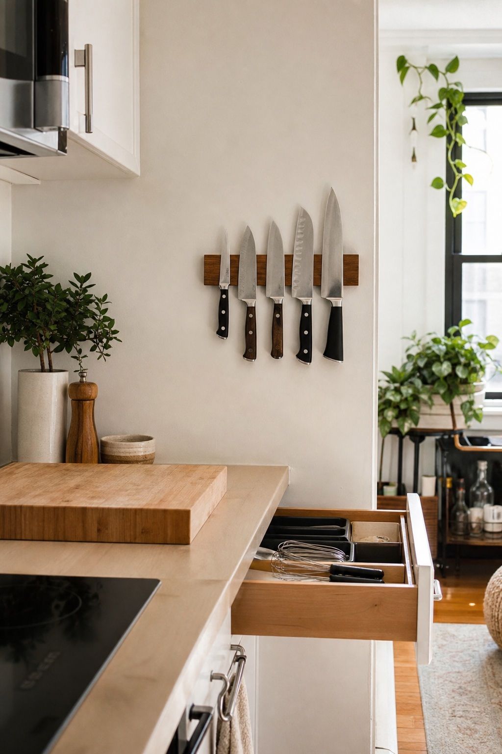 Mount a Magnetic Knife Strip on the Wall to Free Up a Full Drawer small apartment idea for Top 20 Small Apartment Kitchen Storage Ideas That Double Your Counter Space.
