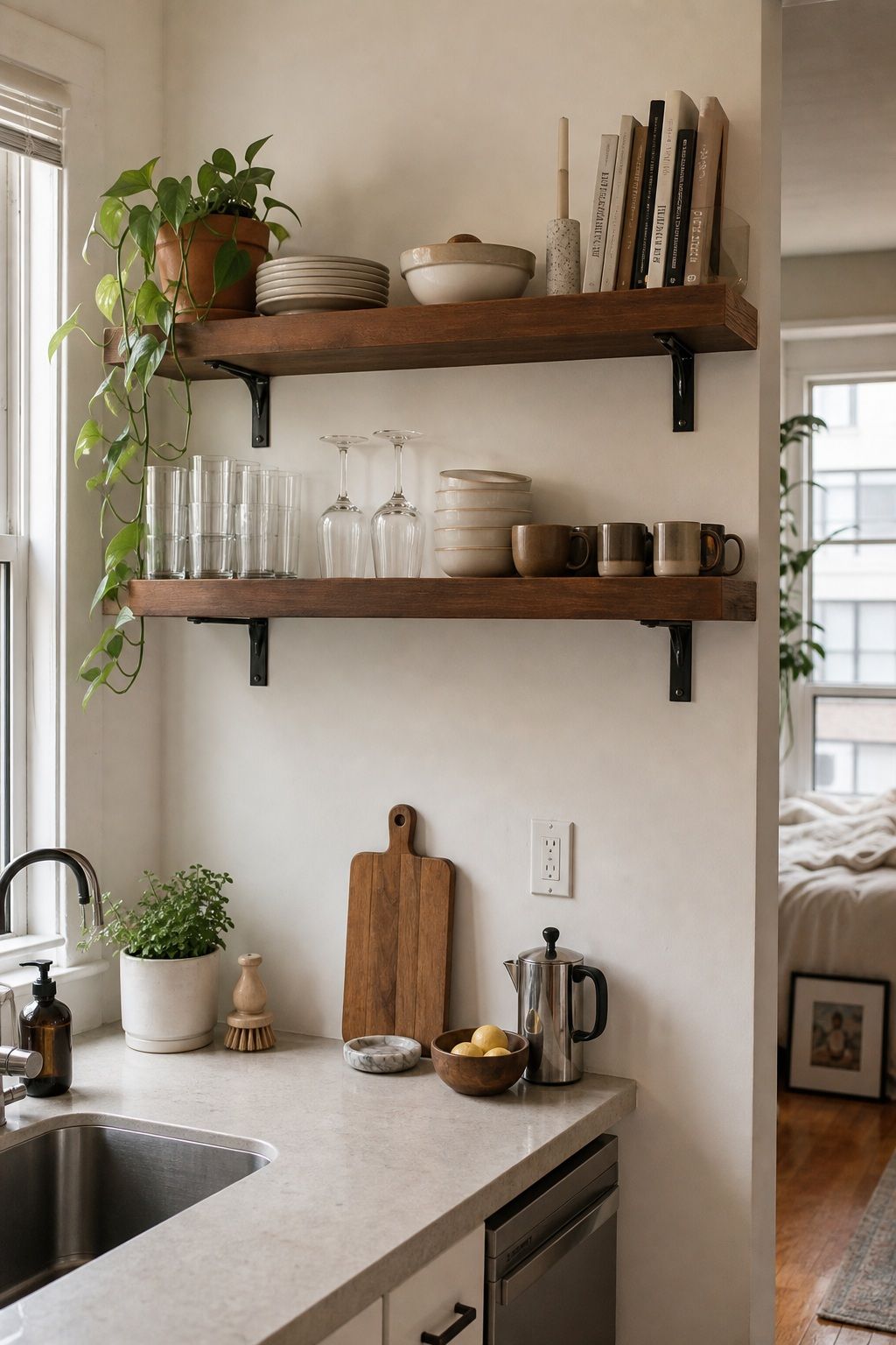 Add Open Shelving Above the Counter for Everyday Dishes and Glasses small apartment idea for Top 20 Small Apartment Kitchen Storage Ideas That Double Your Counter Space.